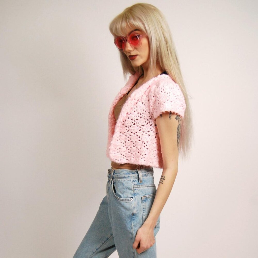 Vintage Crochet Cardigan (XS-M) baby pink open top - Picture 3 of 8